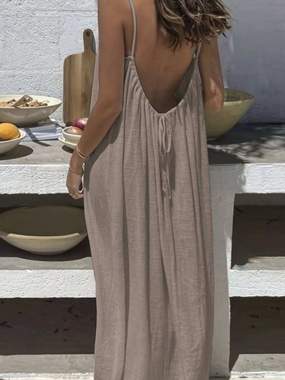 Taupe Strappy Maxi Dress Beach Vacation Resort Dress Size Large - Picture 2 of 5